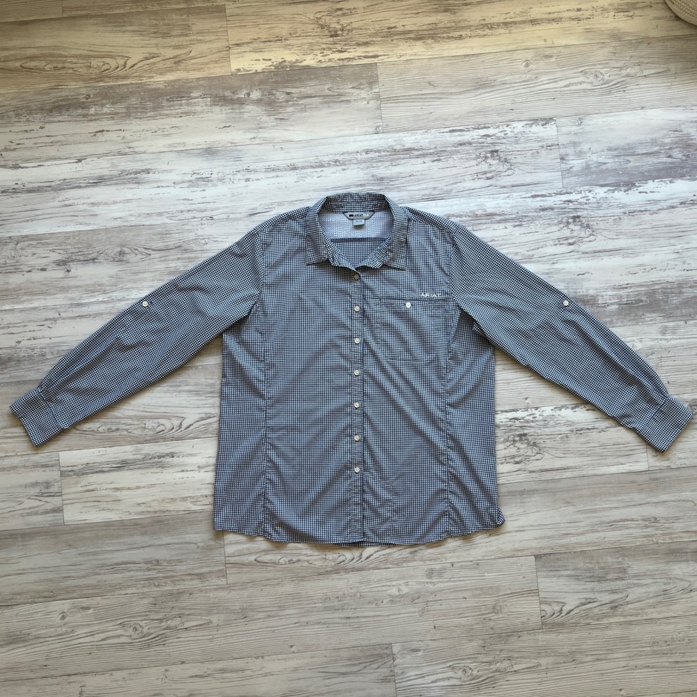 AriatTEK Gingham Long Sleeve Button Down Collar Pocket Logo Navy White Men XL TG
